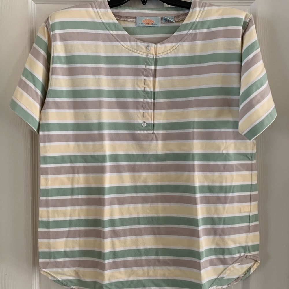 Coral Bay soft green, Pale Yellow & Beige horizontal Striped Henley